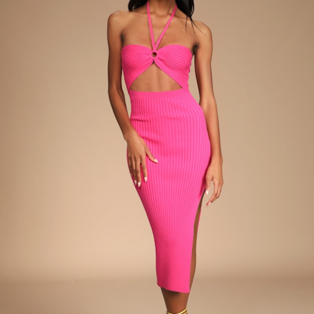 Lulus Leading The Trends Hot Pink Ribbed Knit Cutout Halter Midi Dress - Size M